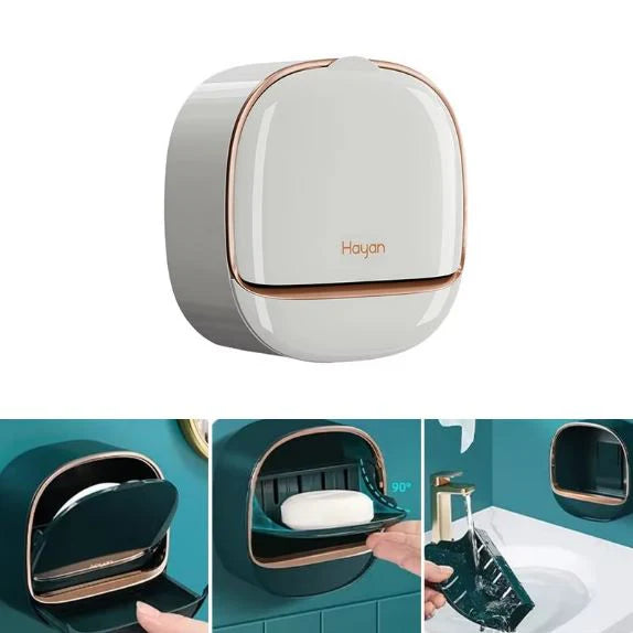 Wall Mounted Soap Holder with Lid and Tray(Comes with Free Self Adhesive Wall Hook)